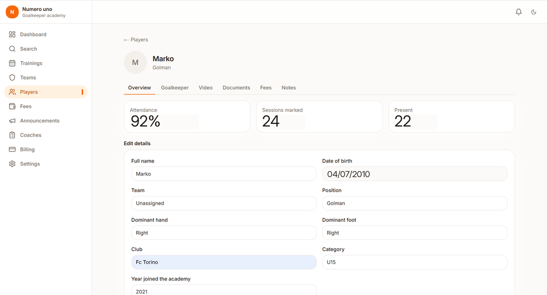 AcademyBase player profile